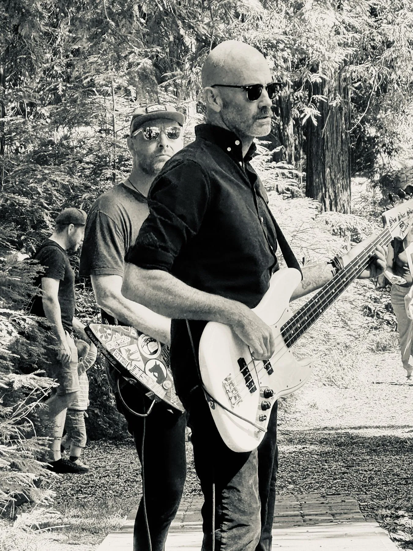Bass player at Peri Park, black and white